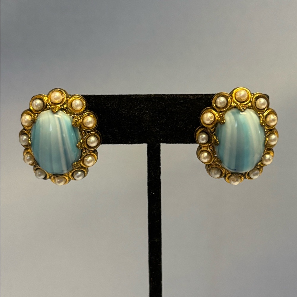 W.Germany Brass Faux Pearl & Glass Clip Earrings 1”